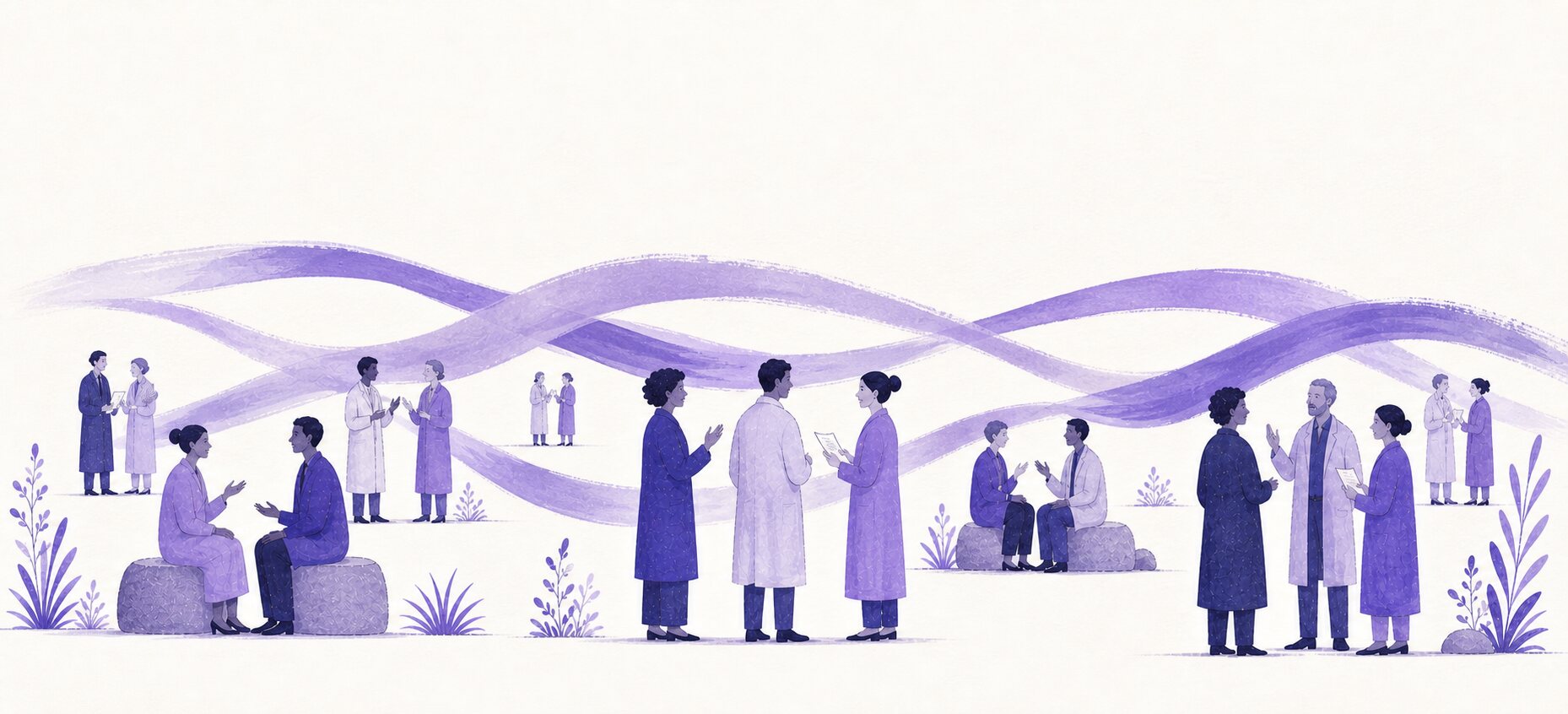 Scientists gathered in an open square, in conversation.